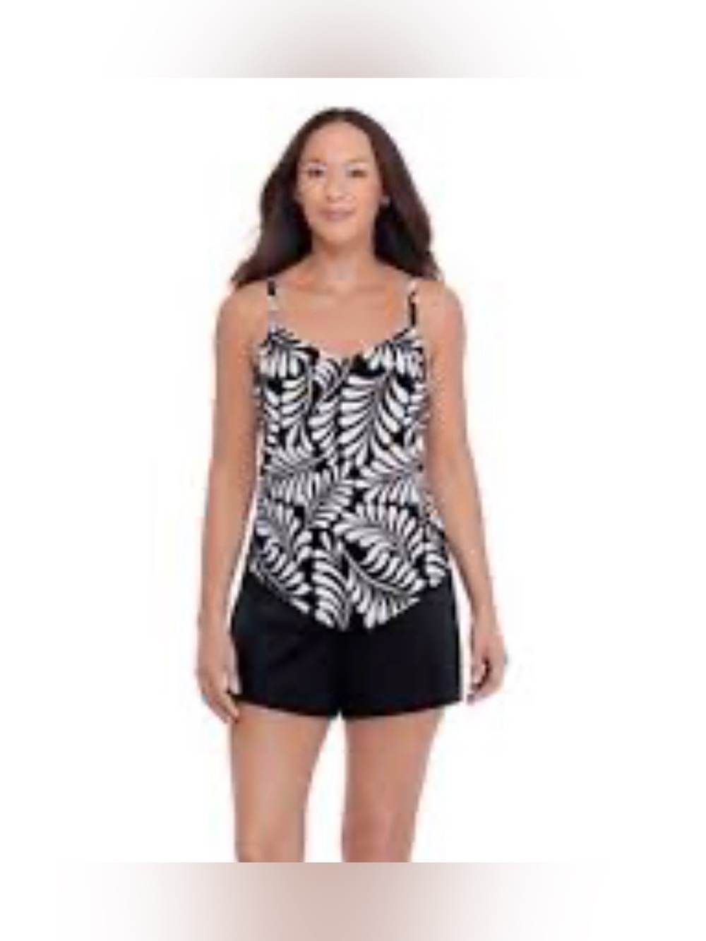 Black & White Tropical Leaf Tankini Top Handkerchief V-Neck Built-In Cups Medium